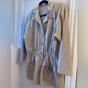 Vintage Beige Linen Chore Coat w Floral Collar Detail